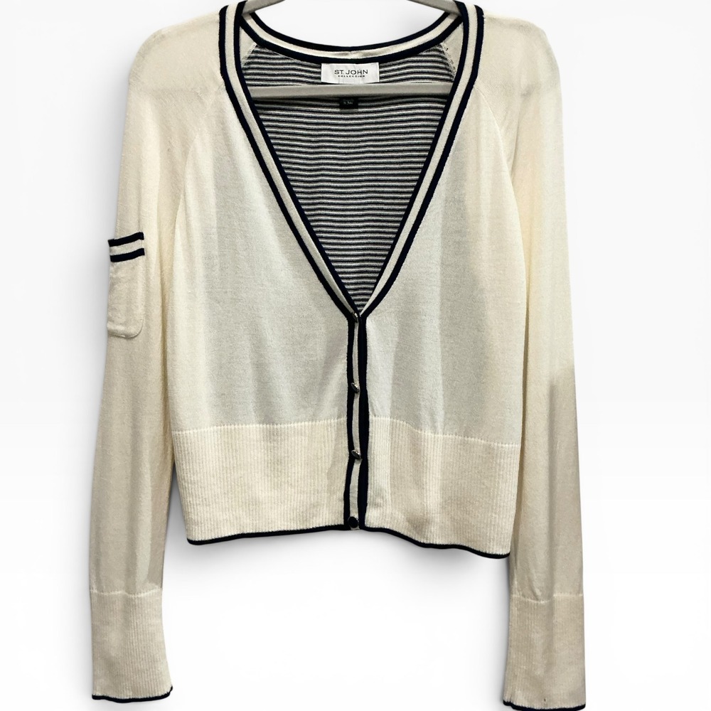 St. John Collection Lightweight Wool Blend Nautical Cardigan Navy Trim M